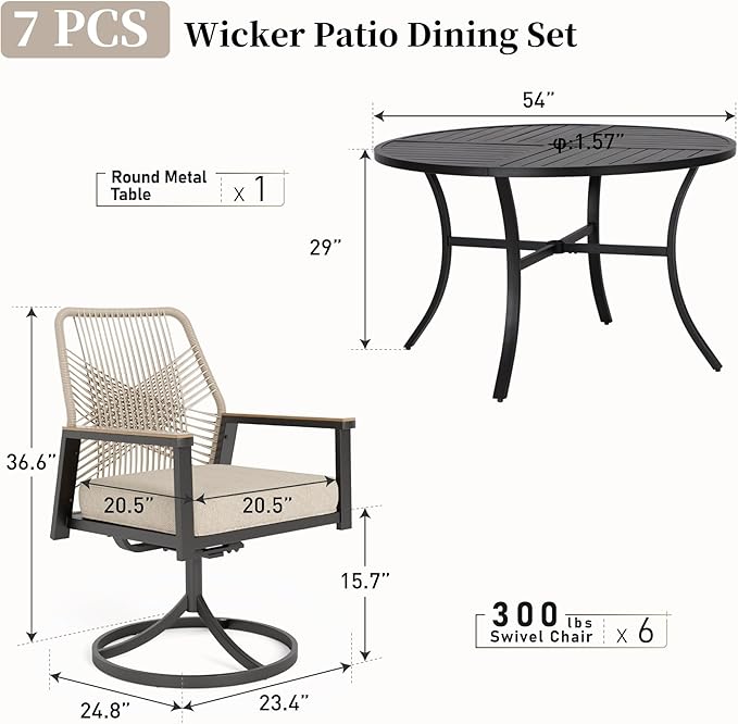 Patio Dining Set 7 Piece, 6 x Woven Rattan Swivel Chairs with Waterproof Cushion, 54” Metal Round Dining Table with Umbrella Hole, Outdoor Table and Chairs Set for Backyard Lawn and Deck,Beige