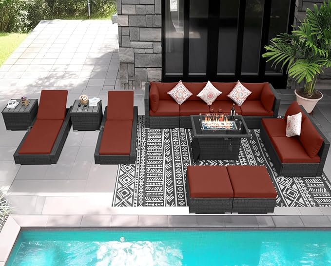 NICESOUL 13 Piece Wicker Outdoor Patio Furniture Set with Fire Pit, XL Size 10-Seater Patio Sectional with Firepit & Chaise Lounge, All Weather 500 lbs Heavy Duty Outside Sofa, Grey & Red