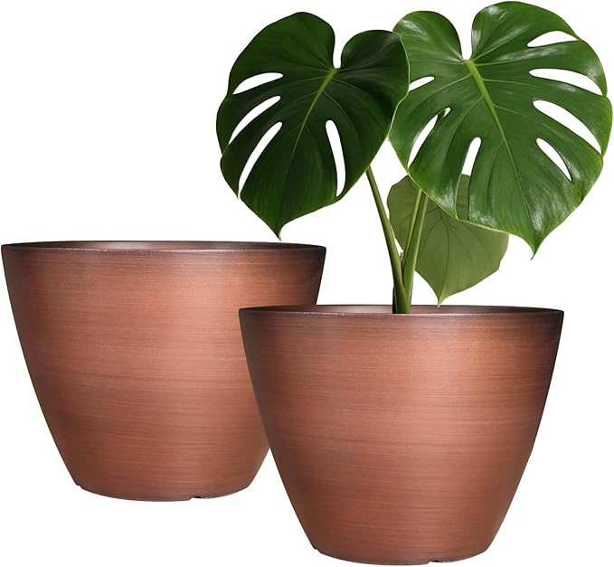 2 Pack Plastic Plant Pots with Drainage Holes, 8 inch Planter for Indoor Outdoor Plant, Garden Flower Pots for Aloe, Herbs, Cactus (Brushed Copper, 2pcs)