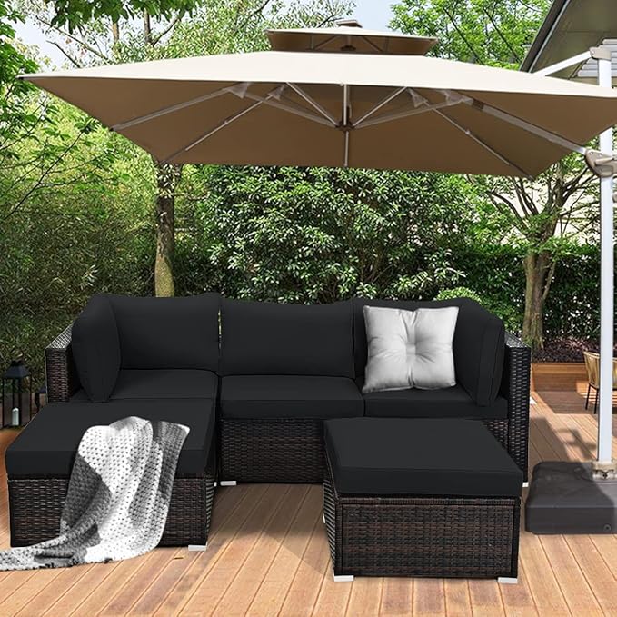 Tangkula 5 Piece Patio Rattan Furniture Set, Outdoor Sectional Rattan Sofa Set with Back & Seat Cushions, Wicker Conversation Set with Tempered Glass Table for Backyard Porch Poolside (Black)