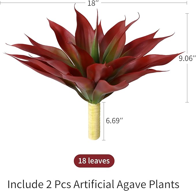 Ivydale Fake Plants 18 Inch Agave Artificial Plants Outdoor 2 PCS for Outside Decoration, Faux Greenery UV Resistant Artificial Outdoor Plants for Front Door Porch Planter Urn Patio Garden Yard(Red)