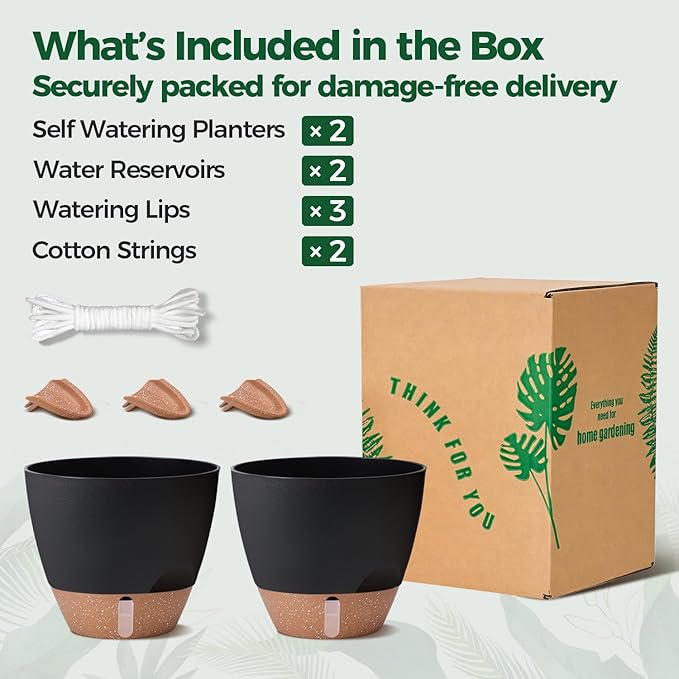 2 Pack 10 Inch Self Watering Pots - Water Level Indicator & Deep Reservoir, Mess-Free Planter for Busy People, Beginners & Gardeners, Fiddle Leaf Fig, Monstera, ZZ Plants, Indoor Outdoor Use (Black)