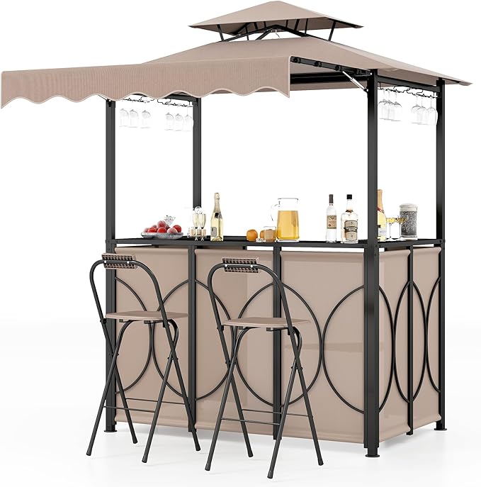 Tangkula 3 Piece Patio Bar Set, Grill Gazebo & 2 Foldable Bar Stools with Awning, Metal Storage Shelves, Glass Holders, Double-Tier Outdoor Shelter for Patio Poolside Garden Backyard (Coffee)