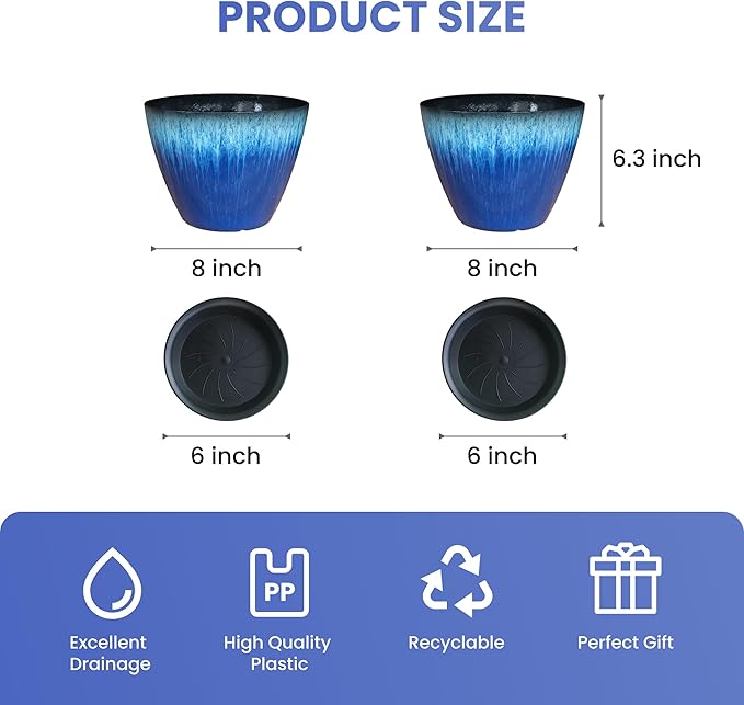Pack of 2 Flower Pots, Plastic Plant Pots with Drainage Holes, 8 inch Modern Glossy Finishing Planter for Indoor Outdoor Plants (Blue Glaze, 2 Pack)