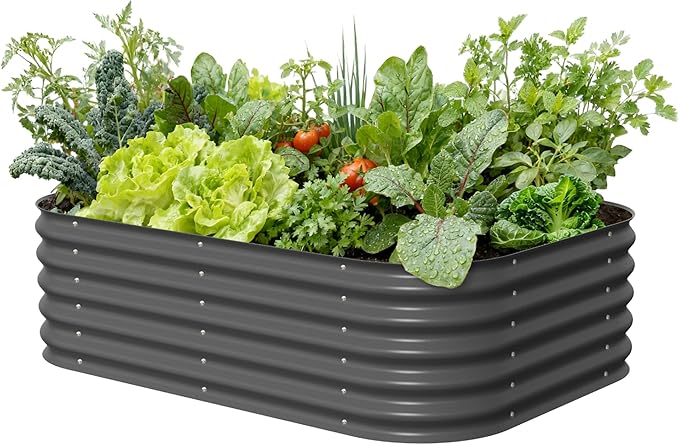 Vego garden Aluzinc Raised Garden Bed Kits, 17" Tall 6 in 1 Modular Metal Raised Planter Bed for Vegetables Flowers Patio Ground Planter Box-Modern Gray
