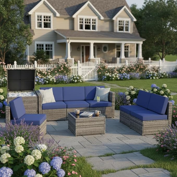 Tangkula 8 Pieces Wicker Patio Furniture Set with Storage Deck Box, PE Rattan Outdoor Sectional Sofa Conversation Set with Coffee Table & Cushions, Outside Furniture for Garden Yard Poolside (Navy)