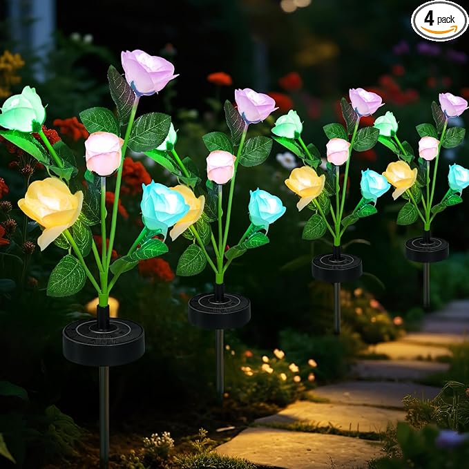 Upgraded Solar Garden Lights, 4 Pack Outdoor Solar Lights, New Round Panel for 40-Hour Runtime, Serve as Outdoor & Indoor Decor, 7-Color Changing Flower Lights, Waterproof for Patio Yard Decoration