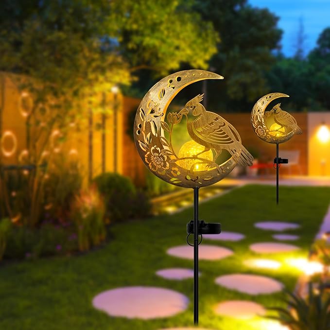 JOBOSI Solar Moon Cardinals Garden Light, Moving Moon & Cardinals Stake Decor for Yard, Lawn, Gifts for Women Mom Grandma, Christmas, New Year Decor Gift
