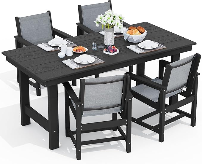 SERWALL 5 Piece Patio Dining Sets, Outdoor HDPE Dining Furniture Set with Umbrella Hole Cut-Out Table and 4 Woven Chairs, Gray