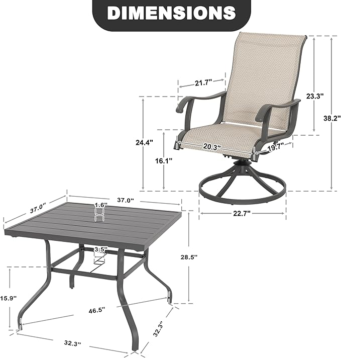 NUU GARDEN 5-Piece Outdoor Patio Dining Set, Slatted 37’’ Square Table with Umbrella Hole and 4 Patio Swivel Textilene Chairs, All Weather Patio Furniture Set for Porch, Backyard, Garden, Poolside