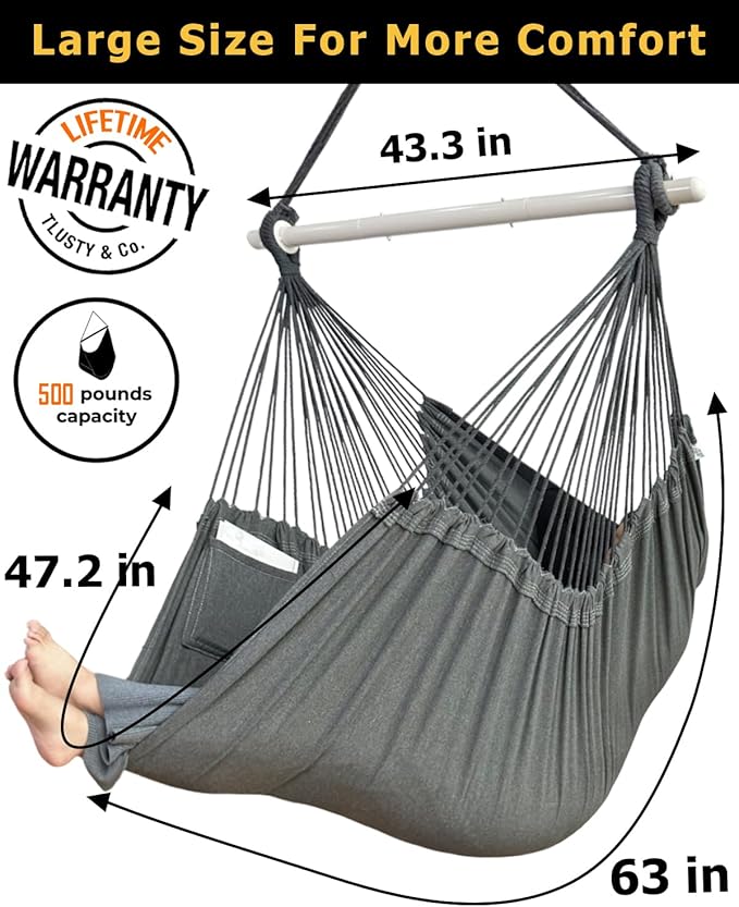 XXL Hammock Chair Hanging Rope Swing with 2 Cushions - Max 500lbs-Perfect for Patio, Porch, Bedroom, Backyard, Indoor or Outdoor - Includes Hanging Hardware Kits