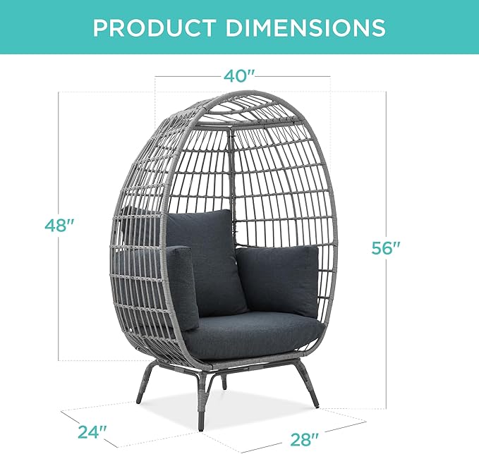 Best Choice Products Wicker Egg Chair, Oversized Indoor Outdoor Lounger for Patio, Backyard, Living Room w/ 4 Cushions, Steel Frame, 440lb Capacity - Gray/Charcoal