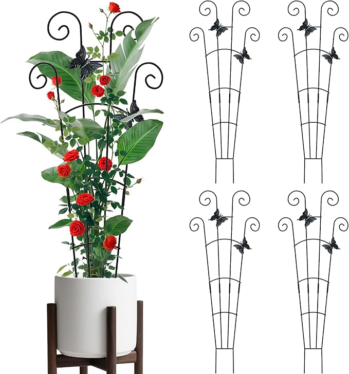4 Pack 30 InchTaller Plant Trellis for Potted Climbing Plants Indoor,Expandable Metal Garden Trellis for Climbing Plants, Flowers Vine Ivy, Sturdy Houseplant Support for Potted Plants with Ties