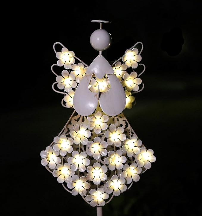 Solar White Angel Garden Stake Lights - Metal Hydrangea Memorial Gift With 27 LEDs - Perfect for Remembrance and Sympathy (7.7" W x 40.5" H)