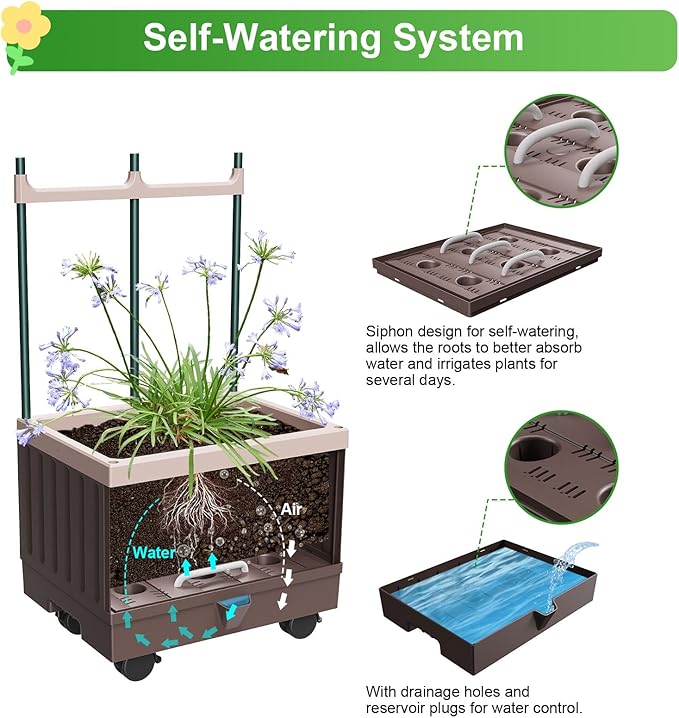 Raised Garden Bed Planter Boxes with Trellis,61.4" Self-Watering Trellis with Planter Box for Climbing Plants Flowers Vegetables with Wheels,Use for Indoor Outdoor
