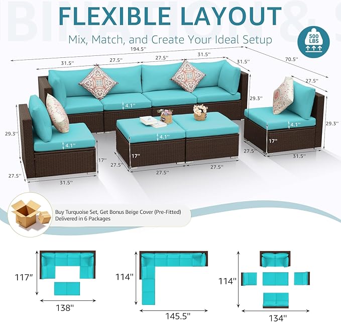 NICESOUL 8 Piece Outside Furniture Set, 29.3'' High Back Deep Seating Wicker Patio Modular Sectionals, Oversized Modern Comfy Conversation Sets for Backyard, Brown Rattan and Teal Cushion