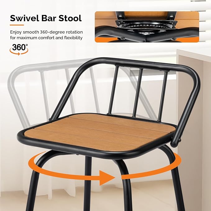 VINGLI 2 PCS Outdoor Swivel Bar Stools, 30 Inch Metal Barstools with Backrest & Footrest, 360° Rotating All-Weather Stools for Garden, Balcony, Kitchen Island (Teak)