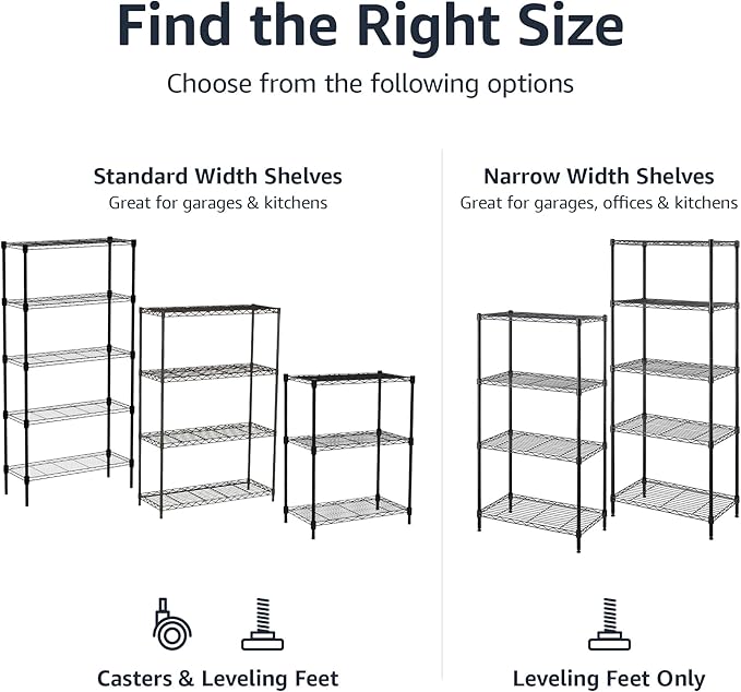 Amazon Basics 4-Shelf Steel Wire Storage Shelves for Garage, Adjustable Metal Shelving Unit, 200 lbs Per Shelf, 23.2" W x 48" H x 13.4" D, Black | Sturdy, Adjustable, Easy Assembly, Storage