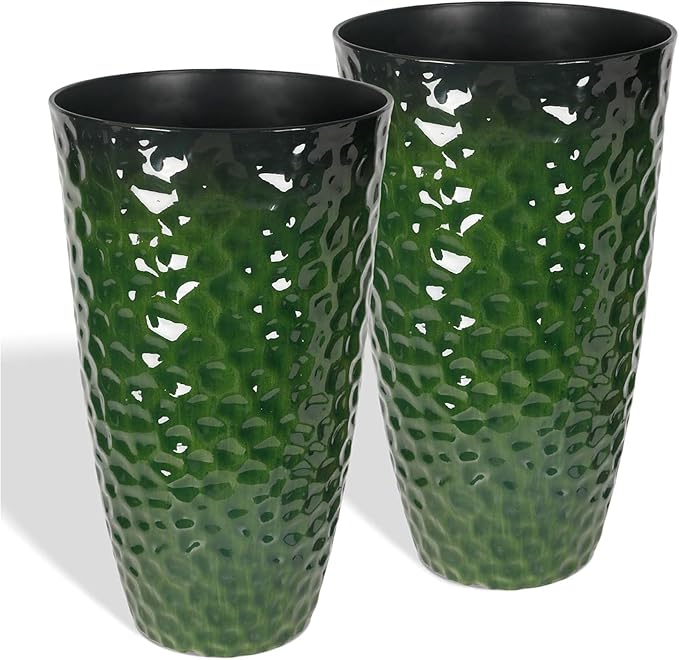 Worth 2 Pack 24" Tall Large Plastic Planter with Drainage Hole, Round Decorative Flower Plant Pit for Indoor or Outdoor Gardening, Glossy Green