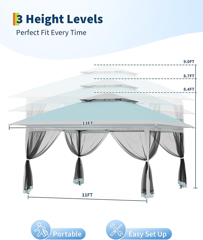 Canopy Tent 13x13 ft, Pop Up Gazebo One-Push Setup with 4 SandBags for Backyard Parties and BBQs, Mosquito Netting & Height Adjustable - Lake Blue