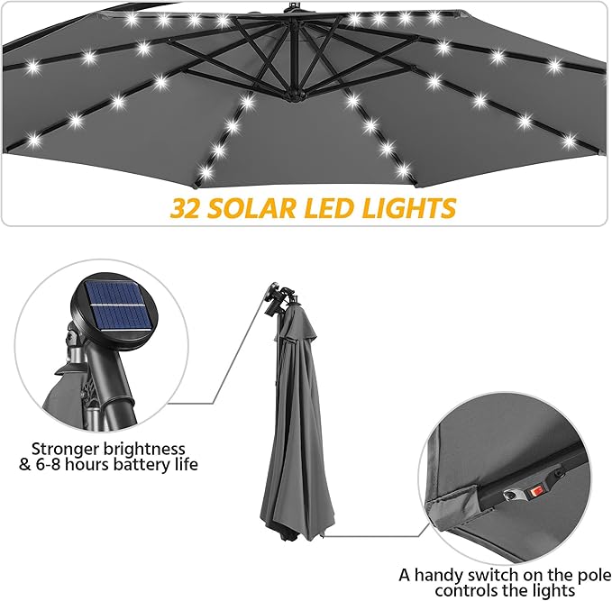 Yaheetech 10FT Solar Offset Umbrella with 32 LED Lights Cantilever Hanging Outdoor Umbrellas Handy Crank & Cross Base for Lawn/Deck/Backyard/Pool Gray