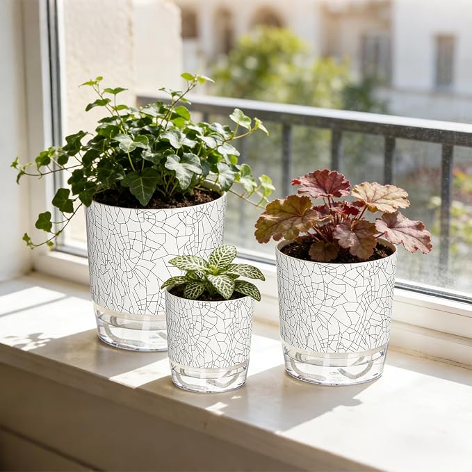 3 Pack Self Watering Pots for Indoor Plants, 4+5.5+6.3 Inch Self Watering Plant Pots, Flower Pots with Wick Rope and Reservoir - Crack Texture