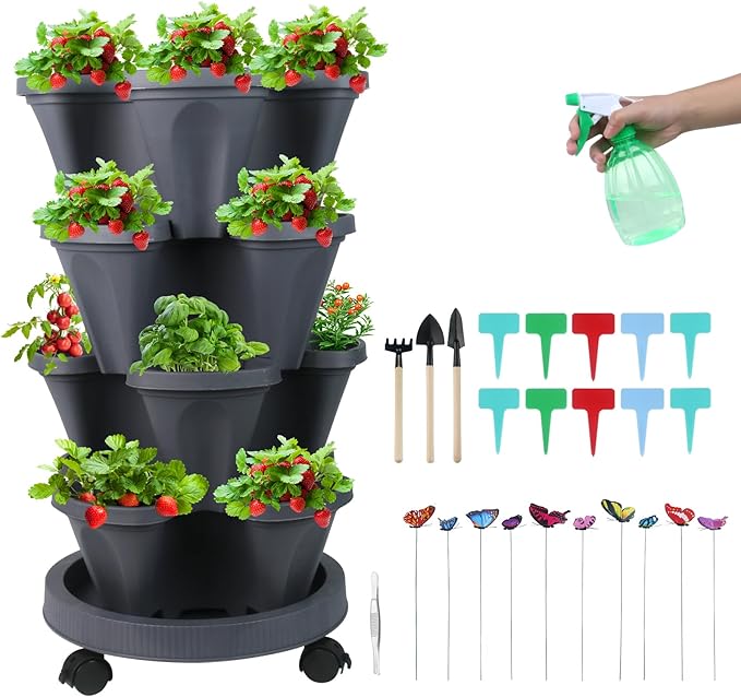 Vertical Planter 4 Tier Stackable Planters Garden Planters Strawberry Herb Flower and Vegetable Planter Indoor Outdoor Gardening Pots with Removable Wheels and Tools