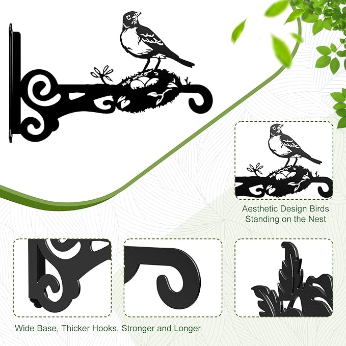 4-Pack Aesthetic Wall Plant Hanger Indoor and Outdoor – 10 Inch Metal Hanging Plant Bracket with Beautiful Bird Pattern – Heavy Duty Plant Hooks for Hanging Plants, Bird Feeder, Wind Chime, Lantern