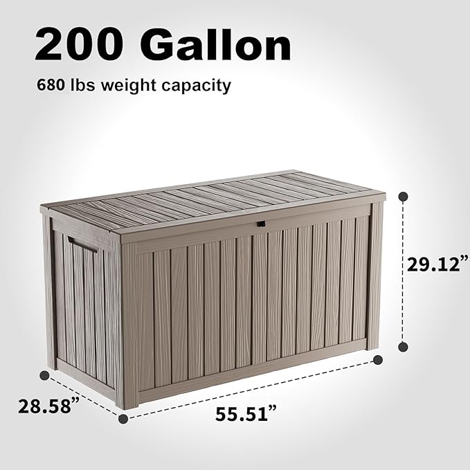 DRATO 200 Gallon Deck Box, Waterproof Resin Large Outdoor Storgae Box for Patio Furniture, Patio Cushions, Gardening Tools, Pool Supplies, Lockable（Gray，200 Gallon）