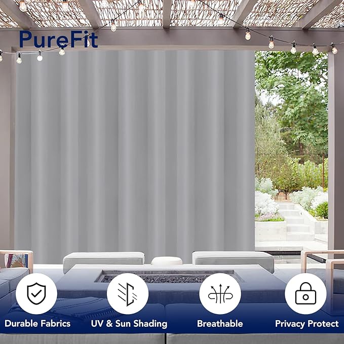 PureFit Outdoor Curtains for Patio Waterproof Weatherproof, UV and Fade Resistant Outside Curtains for Gazebo, Front Porch, Pergola, Sun Blocking Privacy Curtain, 120W x 95L inch, 1 Panel, Light Gray