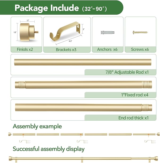 Curtain Rods for Windows 48 to 84, 1 Inch Adjustable Gold Heavy Duty Long Window Curtain Rod, Modern Style Drapery Rods with End Caps, Size 32" - 90"