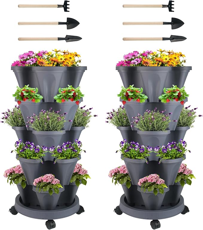 GameXcel Vertical Planter 5 Tier Stackable Planters Garden Planters Strawberry Herb Flower and Vegetable Planter Indoor Outdoor Gardening Pots with Removable Wheels and Tools