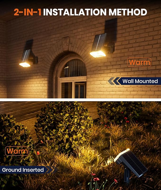 Solar Spotlights Outdoor Waterproof IP67,4 Pack Adjustable Wall&Ground Solar Lights Powered with 3 Colors, 3 Modes, Dusk to Dawn for Pathway/Garden/Yard/Patio/Driveway/Landscape Lighting Outside Décor