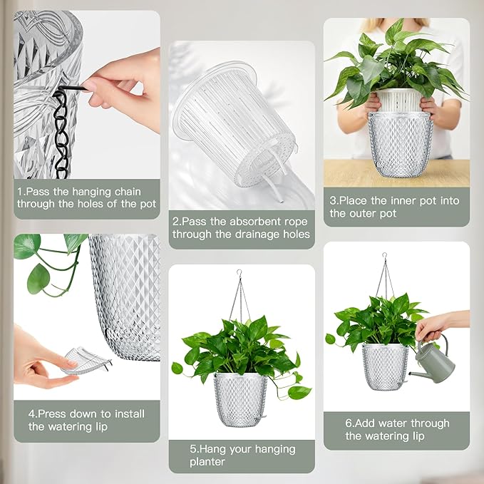 QCQHDU Self Watering Hanging Pots, 2 Pack 7.2 Inch Hanging Planters for Plants Indoor, Outdoor Flower Pots with Drainage Holes and 3 Hooks Chains for Garden Home (Clear)