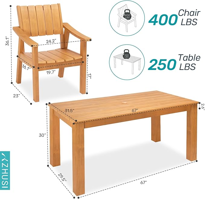ZHUSI Patio Table and Chairs Set, Outdoor Table and Chairs,HDPE Outdoor Dining Set with Umbrella Hole for Backyard, Poolside, Porch 4 Armchairs