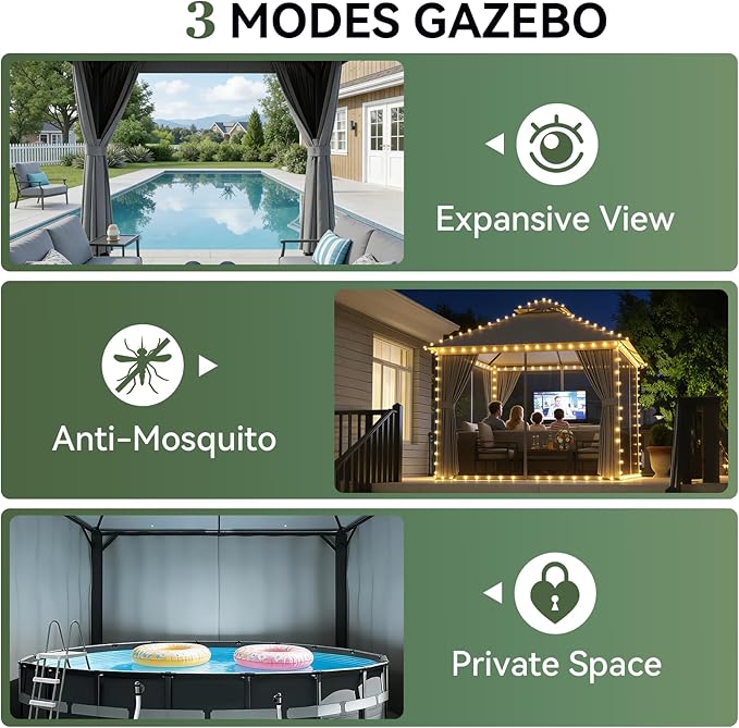 Aoxun Outdoor Gazebo for Patio 10x10, Metal Frame Canopy with Double Roofs, Heavy Duty Party Tent and Shelter with Mosquito Netting and Privacy Screen for Backyard, Lawn, Garden, Deck