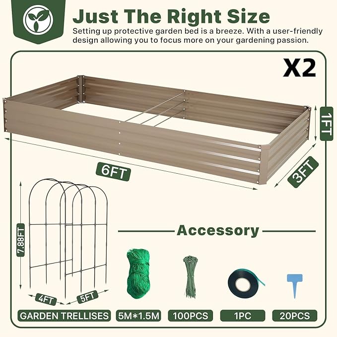 DTIG Galvanized Raised Garden Bed with Trellis, 6×3×1 FT 2 Pack Outdoor Garden Bed, Upgraded 4×3 Support, Brown