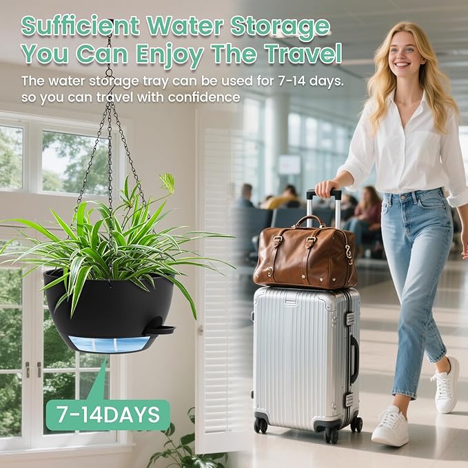 Set of 3-10 Inch Self Watering Hanging Planters for Indoor & Outdoor，Hanging Plant Pots with Drainage & Removable Tray, Hanging Pots Holder for Ivy, Spider Plants, Ferns, Balcony & Patio, Black