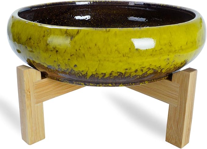ARTKETTY Ceramic Succulent Planter, 10 inch with Stand, 2.2lb Lava Rock Pebbles, Planting Tools - Indoor Plants Planter, Yellow