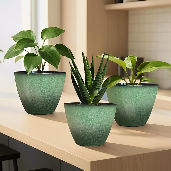 2 Pack Plant Pots for Indoor Outdoor Plants, 8 inch Plastic Flower Pots, Glazed Planter for Aloe, Herbs, Cactus (Green, 2pcs)