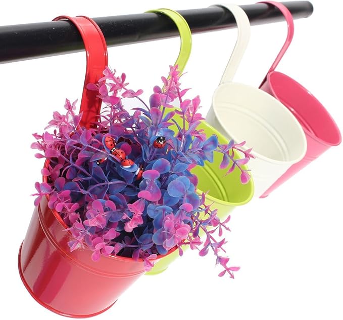 KINGLAKE Flower Pots,10 Pcs Metal Iron Hanging Flower Plant Pots Balcony Garden Plant Planter Baskets Fence Bucket Pot 4'' Flower Holders with Detachable Hook