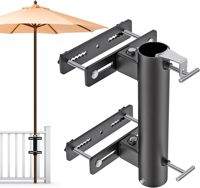 Heavy Duty Deck Railing Umbrella Holder, Adjustable Patio Umbrella Stand for 1-2 Inch Poles, Secure & Sturdy Railing Grille Mount, Maximizes Outdoor Space