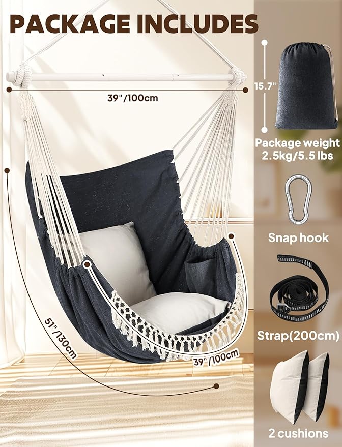 Chihee Hammock Chair Hanging Swing Max 500 Lbs 2 Cushions Included Steel Spreader Bar with Anti-Slip Grooves Portable Hanging Chair Side Pocket Large Macrame Bohemian Chair Indoor Outdoor