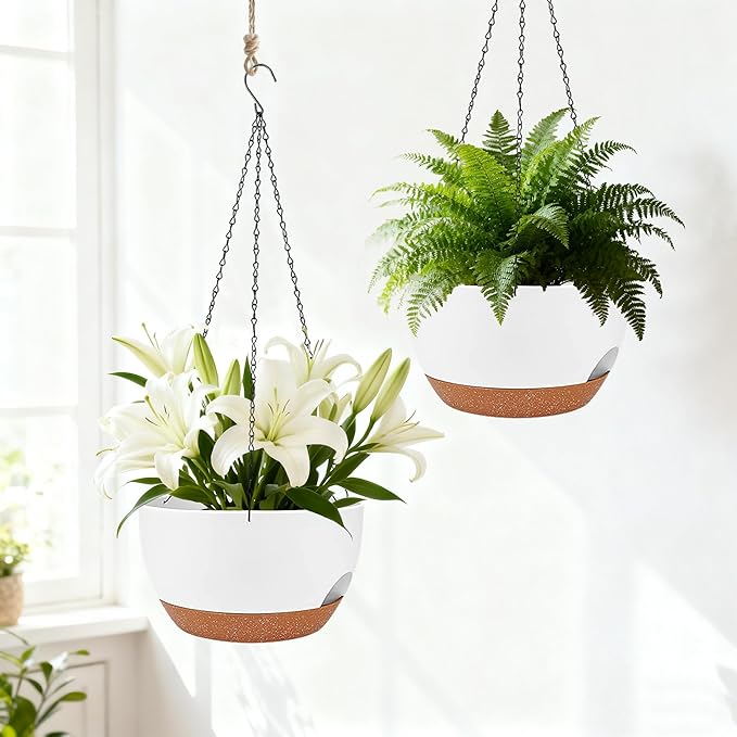 Set of 2-8 Inch Self Watering Hanging Planters for Indoor Outdoor，Hanging Plant Pots with Drainage & Removable Tray, Hanging Pots Holder for Ivy, Pothos, Ferns, Balcony & Patio, White Brown
