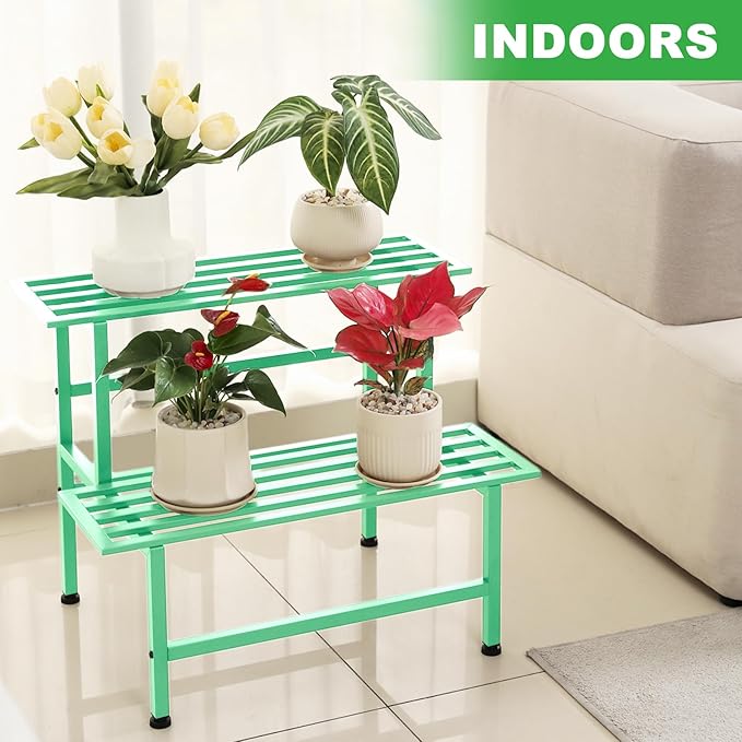 Metal Plant Stand Outdoor Plant Shelf Indoor,2 Tier Heavy Duty Ladder Plant Stands for Multiple Plants,26" L x 20.25" H x 17.75" W,Mint Green