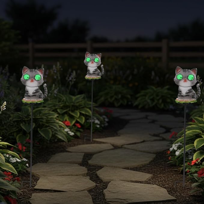 Cat Solar Garden Stakes 39.3inch with Decorative Green Moving LED Eyes, Cat Solar Lights Outdoor Garden Metal Yard Art for Outdoor Decor Lawn Ornament