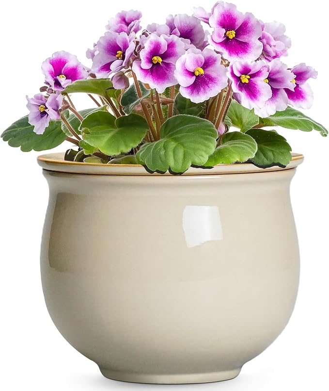 6 Inch Self Watering Pots for Indoor Plants, Ceramic African Violet Pots with Absorbent Inner Pot, Easy Self Watering Planter, Round Ceramic Flower Pot, Patio Decor, Gardening Gifts, Beige