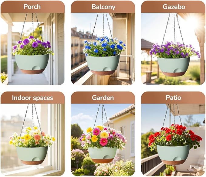 Hanging Planter for Indoor Plants, 10 Inch Self-Watering Hanging Planters with Drainage Holes and Chain, Set of 2 Outdoor Hanging Pots for Garden Home