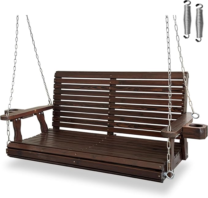 Wooden Porch Swing 2-Seater, High Backrest and Deep Seat, Bench Swing with Cupholders, Hanging Chains and 7mm Springs, Heavy Duty 880 LBS, for Outdoor Patio Garden (Deep Brown, 4 FT Extra Large)