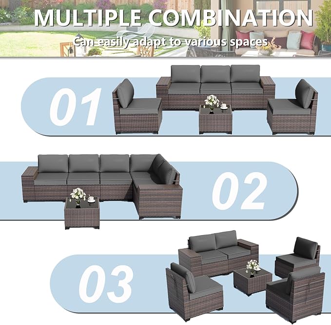 ALAULM 6 Pieces Patio Furniture Set, Oversized Seat/Armrest and High Back Wicker Sectional Furniture Set with Thick Cushion for Backyard, Garden, Grey